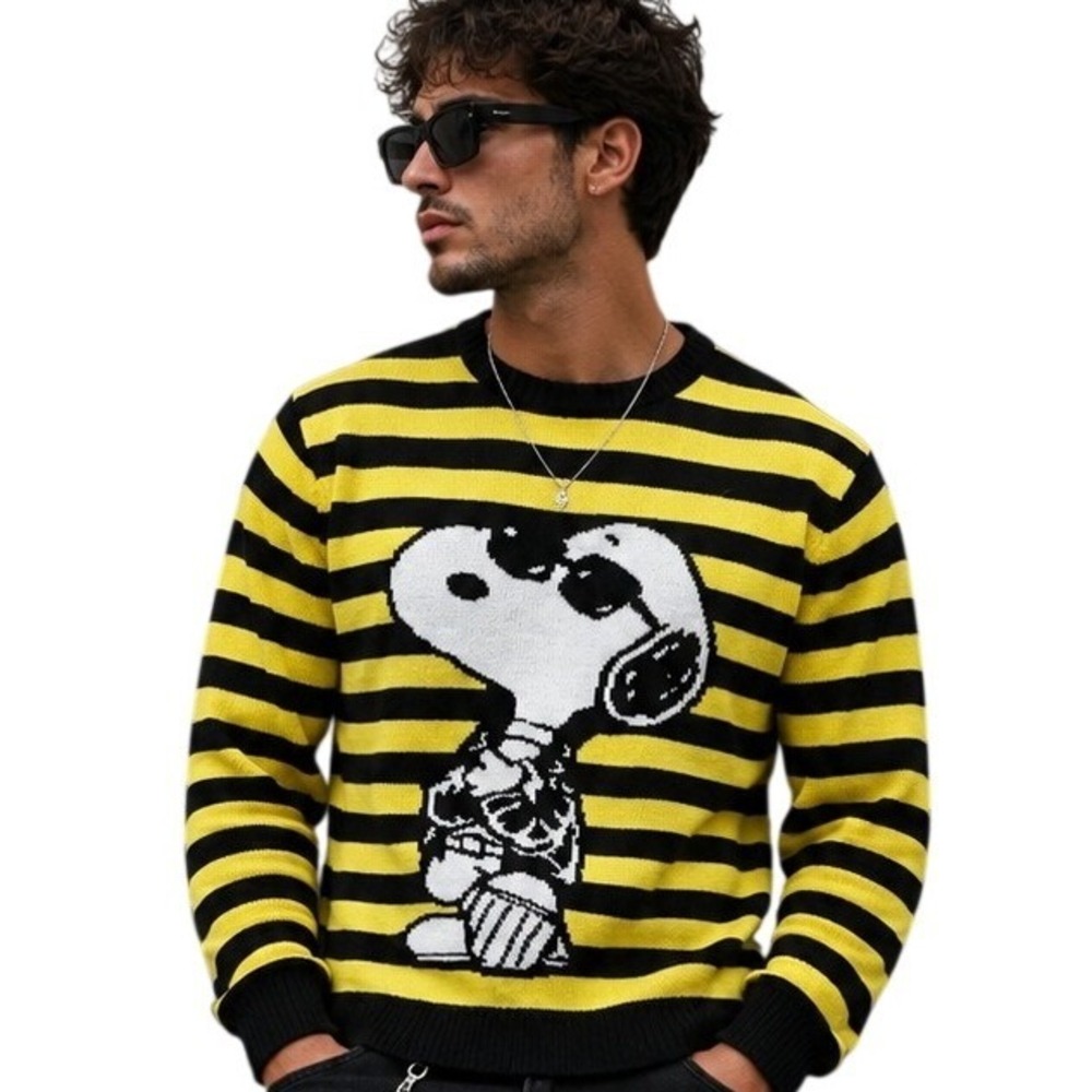 Rare Peanuts Snoopy Joe Cool Striped Knit Sweater L Yellow Black Y2K Retro